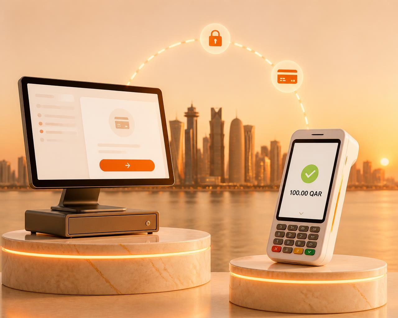 Smart Remote POS: a cashier desktop computer on a glowing podium sending a secure payment request along a glowing orange arc to a handheld POS terminal on a separate podium showing an approved 100.00 QAR payment, Doha skyline at sunset behind
