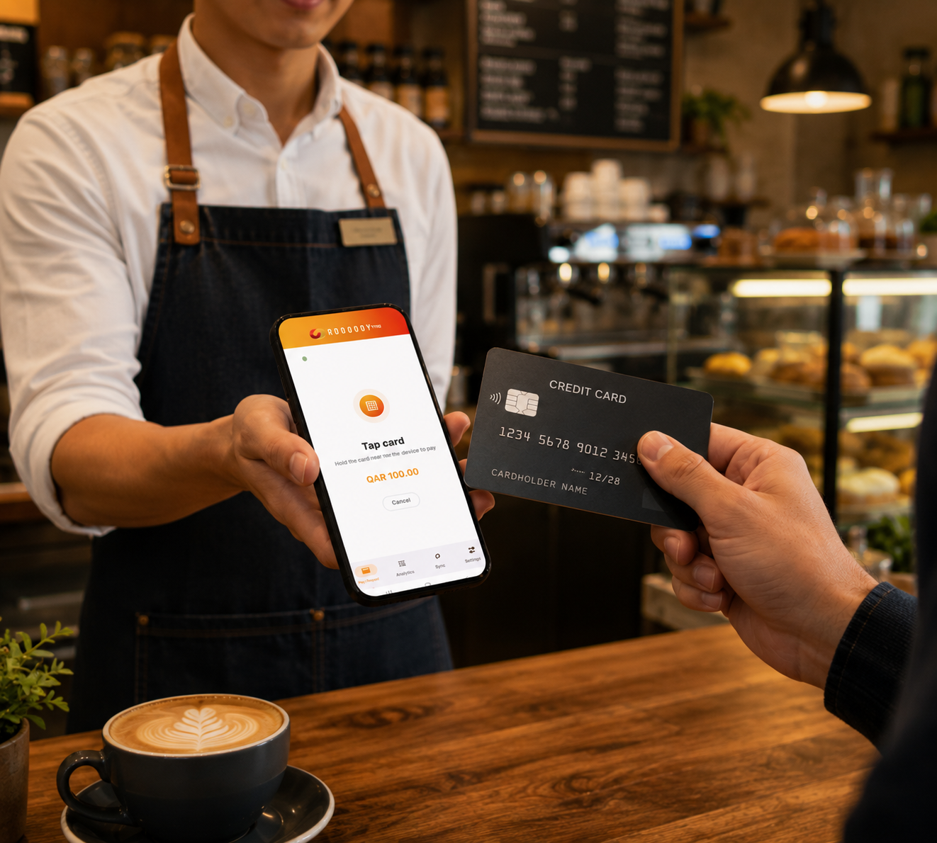 Cafe barista holding a phone running the Noqoody Smart Soft POS tap-to-pay app while a customer presents a contactless card