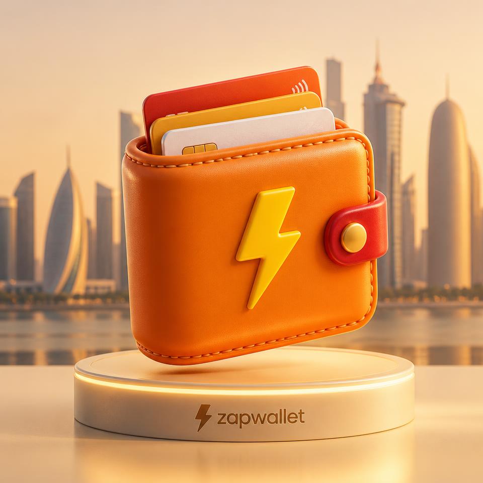 Glossy 3D orange wallet with a yellow lightning bolt and payment cards, floating on a glowing podium with the Doha skyline behind it