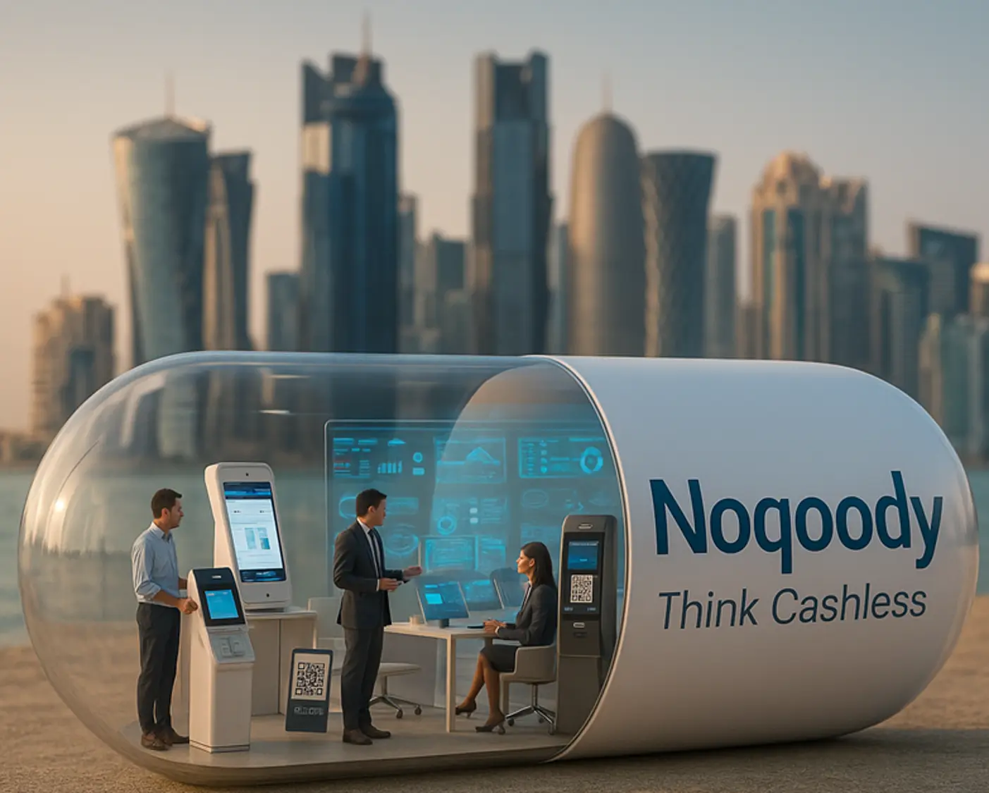 Noqoody Think Cashless showroom pod with smart POS terminals, kiosks and QR payments in front of the Doha skyline