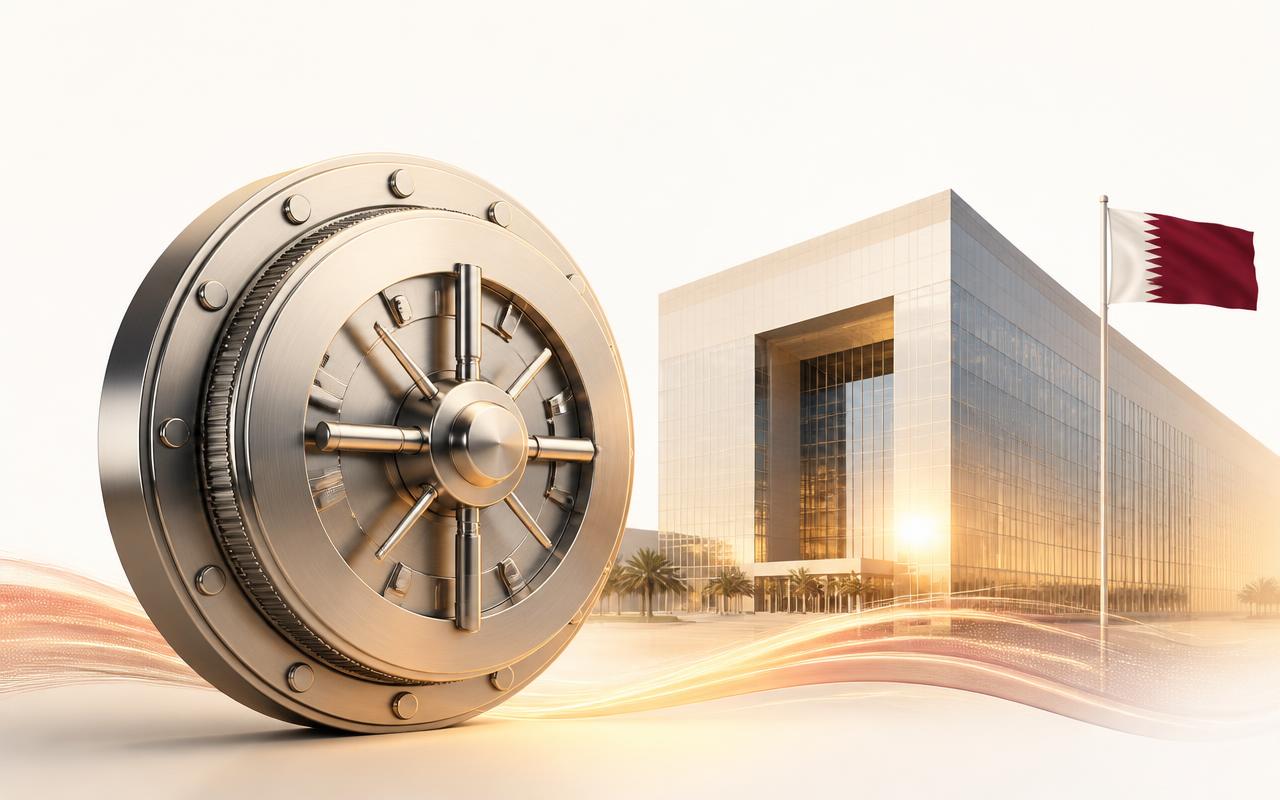 Vault dial in front of the Qatar Central Bank building, symbolising Noqoody's regulated PSP licence