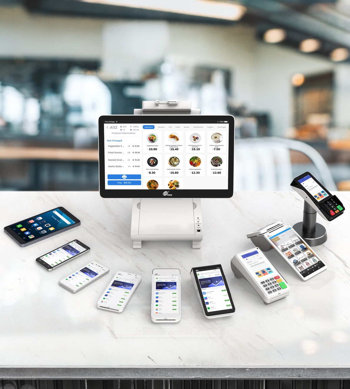 Full UltraPOS device family on a counter: smart terminal, tablet, handheld Android POS, countertop terminal and customer-facing pin pad