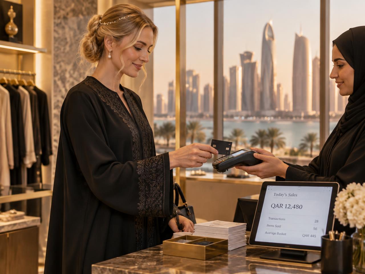 Customer in an elegant black abaya tapping her card on a handheld terminal at a Doha boutique counter, beside a tablet showing the day's sales totals in QAR, Doha skyline through the window