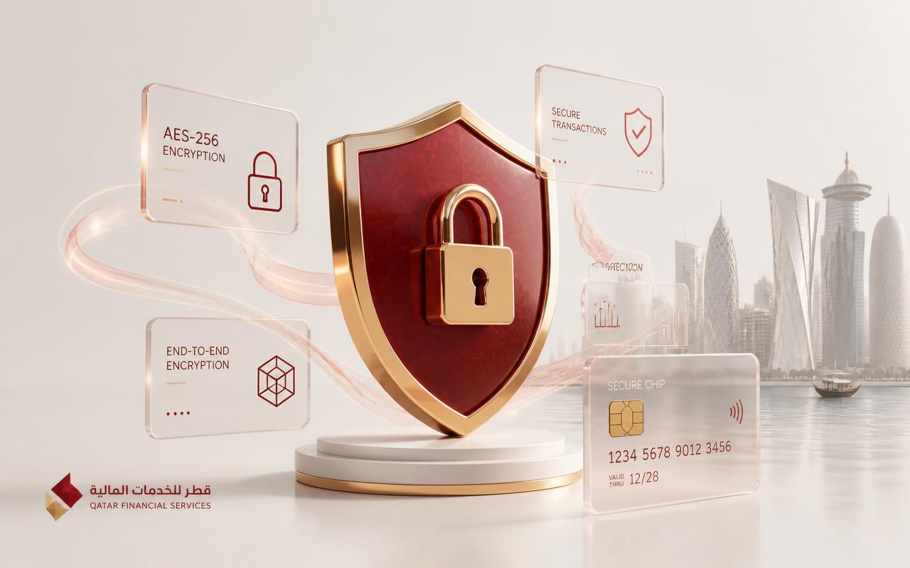 Security shield with padlock surrounded by encryption and secure chip cards