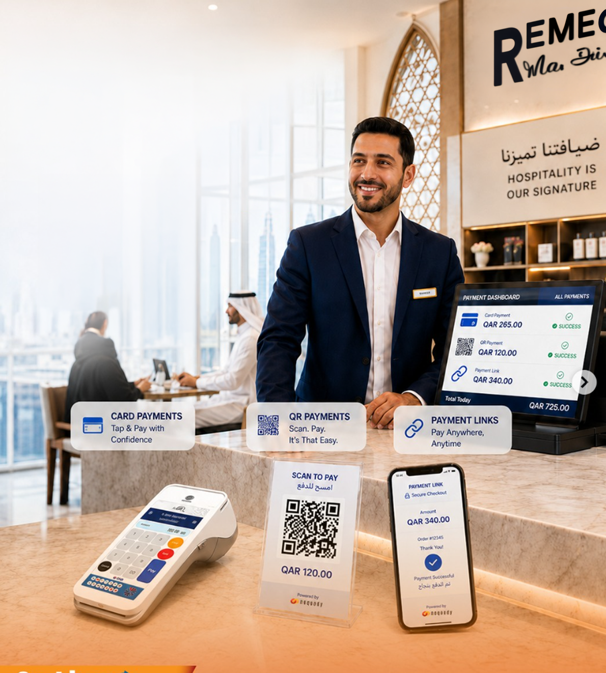 Hotel host at a Doha counter where a POS terminal, QR stand and payment-link phone all report into one Noqoody payment dashboard, representing Smart ECR integration