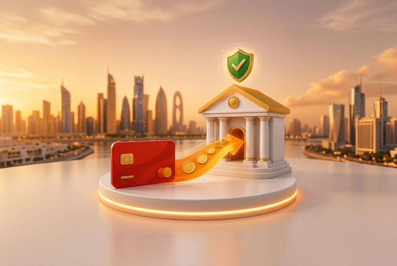 Glossy 3D red payment card sending gold coins along a glowing orange arrow into a bank building, with a green security shield above, on a podium with the Doha skyline behind
