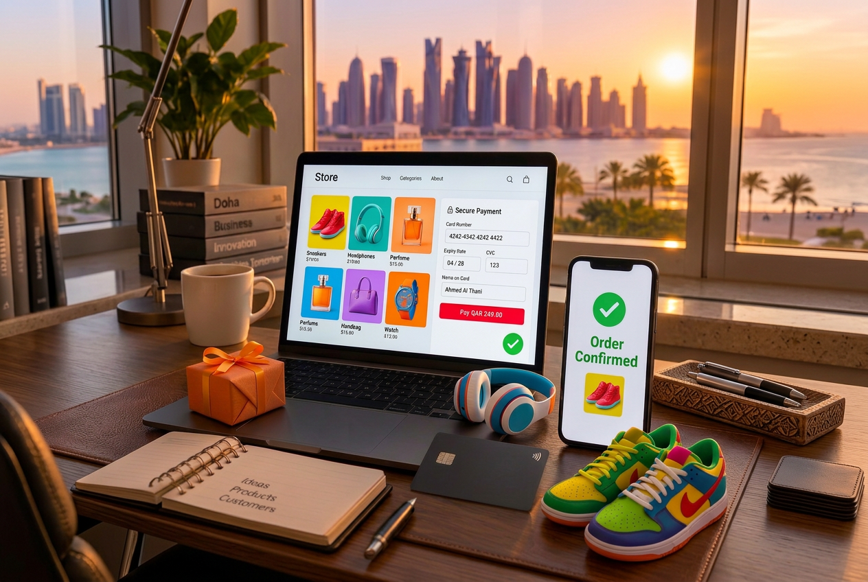 Glossy 3D laptop showing an online checkout page with an orange pay button, a red card sliding into the screen, gold coins and a green tick, on a glowing podium with the Doha skyline behind it