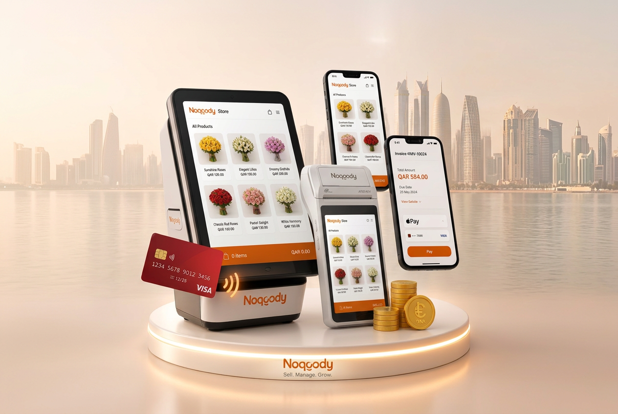 Glossy 3D Noqoody smart POS and a PAX A920 MAX handheld terminal showing an online store of flower products with QAR prices, a phone with an invoice payment screen, a red contactless card tapping the terminal, and gold coins, Doha skyline behind