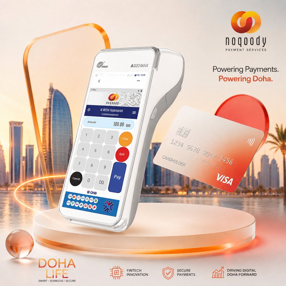 Noqoody-branded PAX A920 MAX POS terminal on a circular podium showing a 100.00 QAR payment, beside a contactless Visa card, with the Doha skyline at sunset behind it