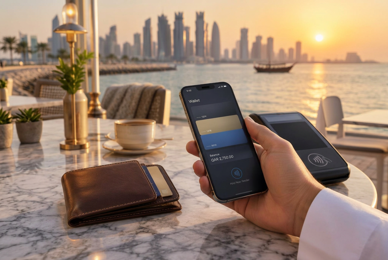 Glossy 3D orange wallet with a yellow lightning bolt and payment cards, floating on a glowing podium with the Doha skyline behind it