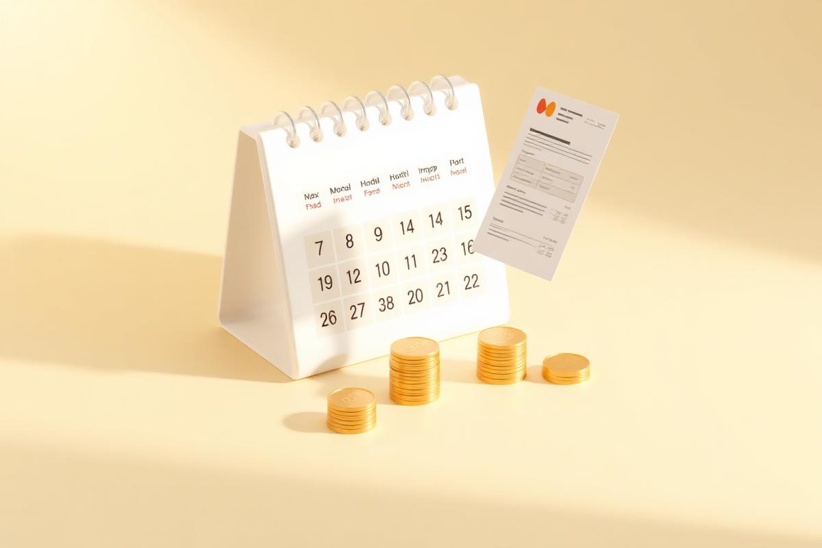 A calendar with coin stacks representing twelve monthly installments beside an invoice