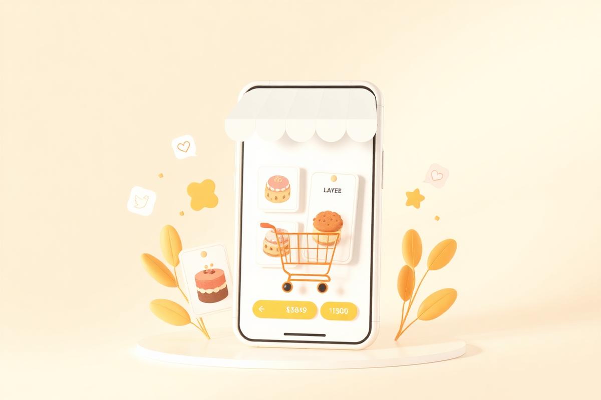 A mobile online store showing product cards and a shopping cart