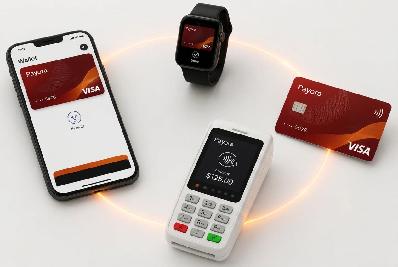 Smartphone wallet, smartwatch, contactless card and POS terminal connected in one payment ecosystem