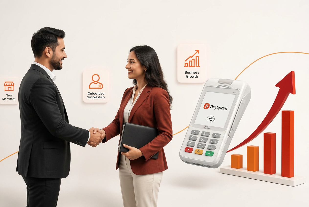 Noqoody team onboarding a new merchant with a POS terminal and a rising sales chart